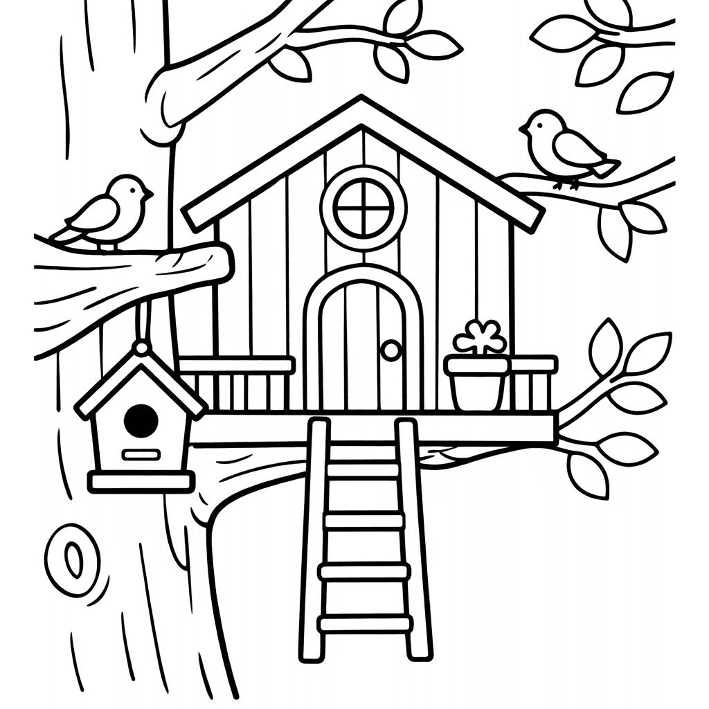 Free printable coloring page: Tree House And Ladder, for ages 3-6