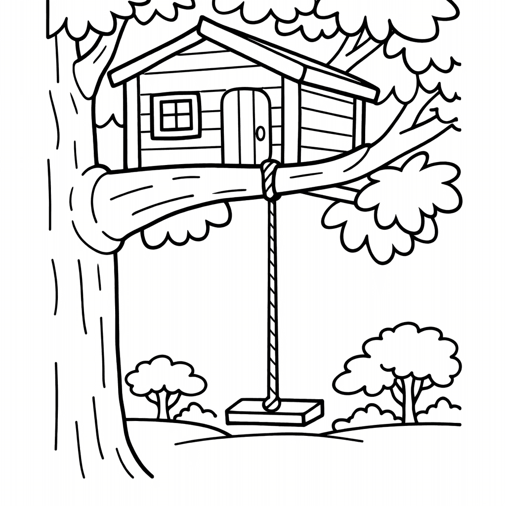 Free printable coloring page: Tree House And Ladder, for ages 3-6