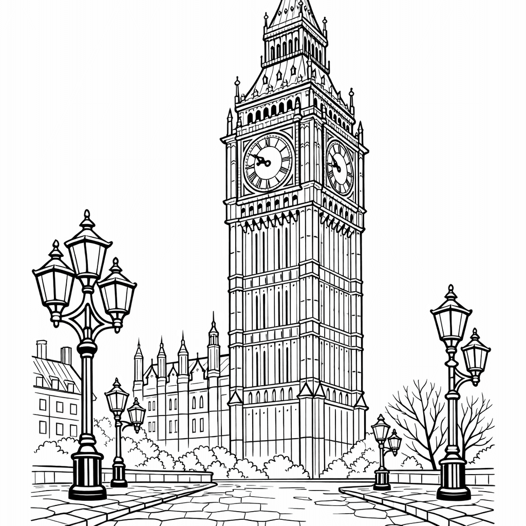 Free printable coloring page: Big Ben Simple, for ages 7-12