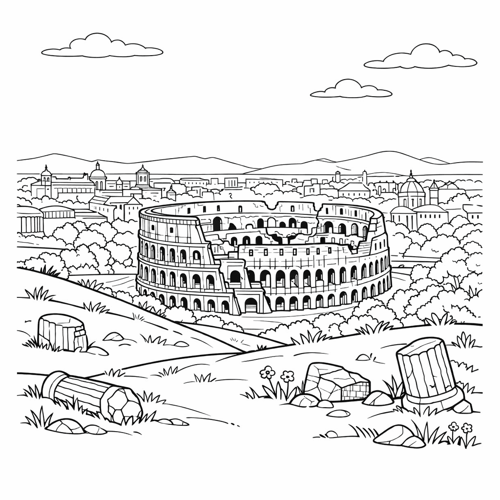Free printable coloring page: Object Only: Two Or Three Colosseums Side By…, for ages 7-12