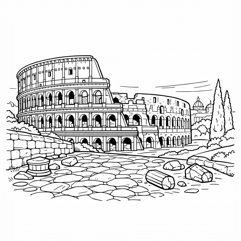 Free printable coloring page: Colosseum And Arches, for ages 7-12