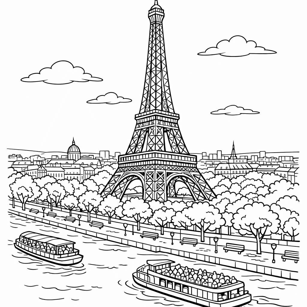 Free printable coloring page: Object Only: Two Or Three Eiffel Towers Side…, for ages 7-12