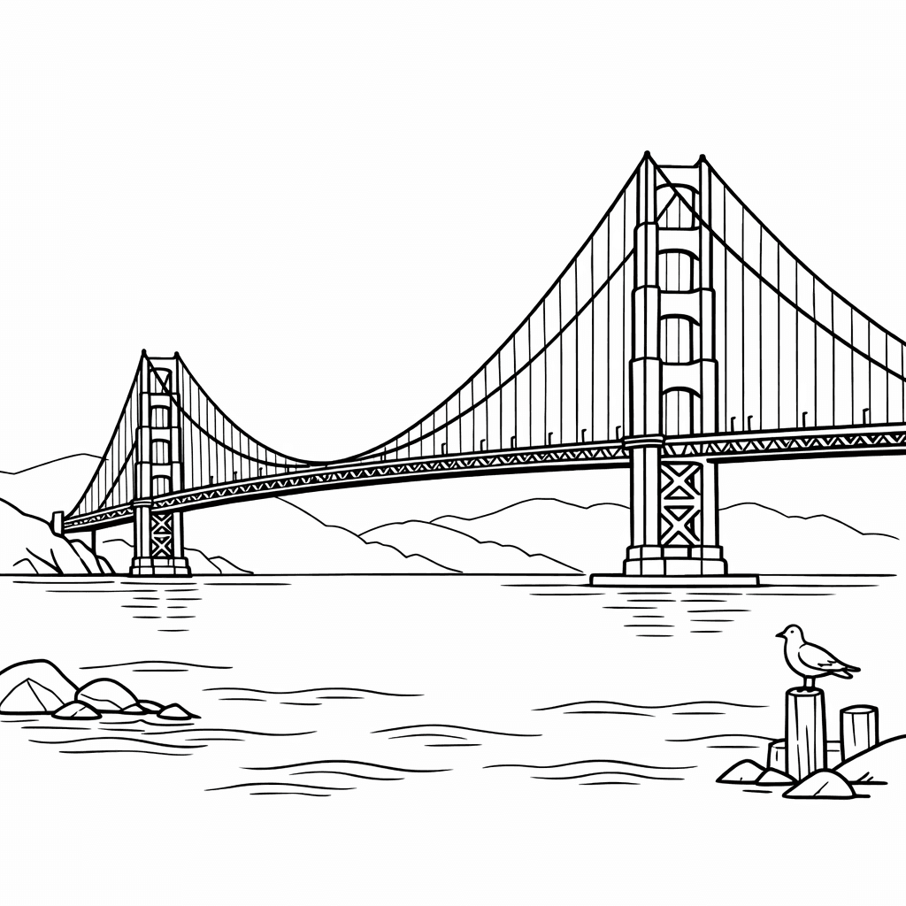Free printable coloring page: Object Only: Two Or Three Golden Gate Bridges…, for ages 7-12