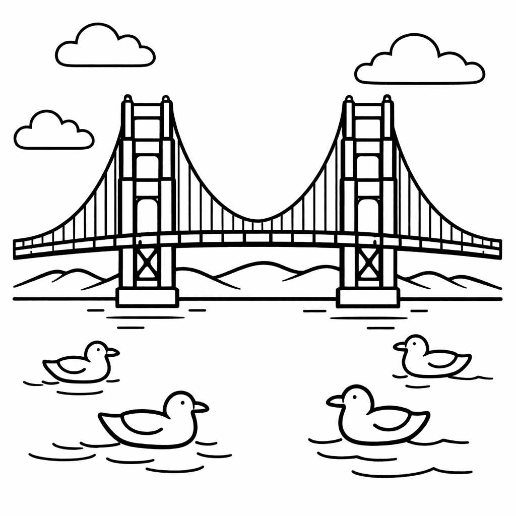 Free printable coloring page: Object Only: A Cute Golden Gate Bridge With…, for ages 3-6