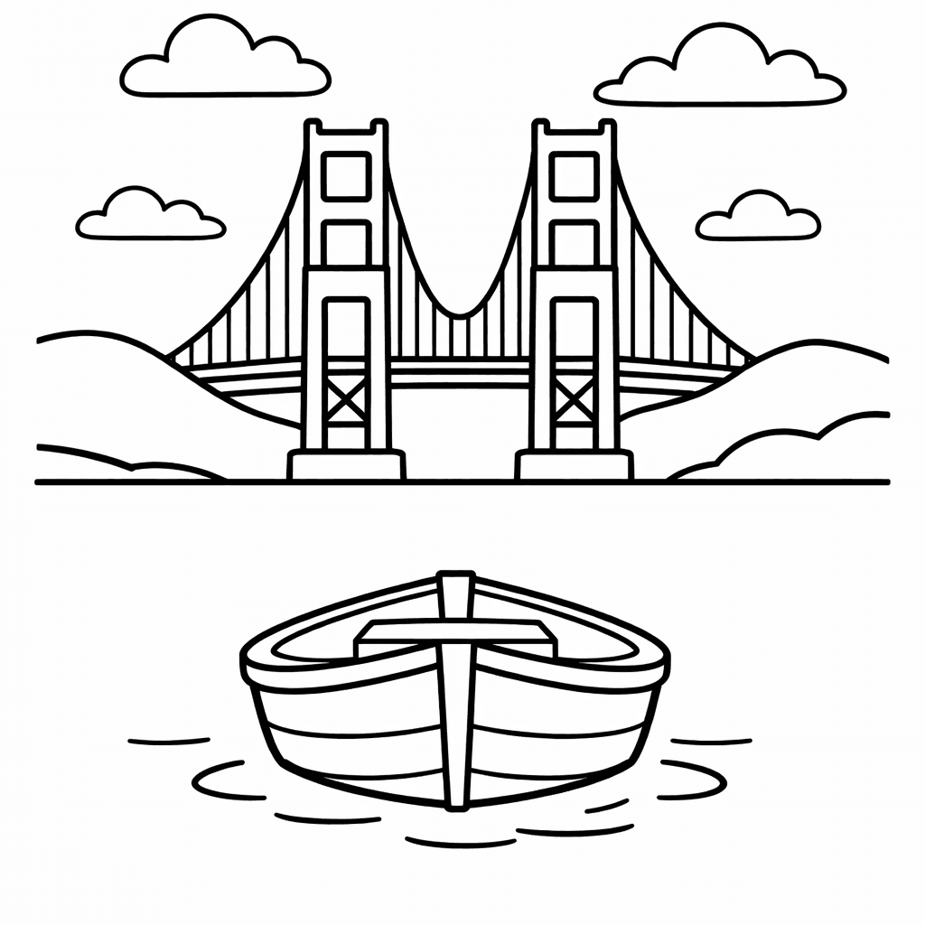 Free printable coloring page: Object Only: Two Or Three Golden Gate Bridges…, for ages 3-6