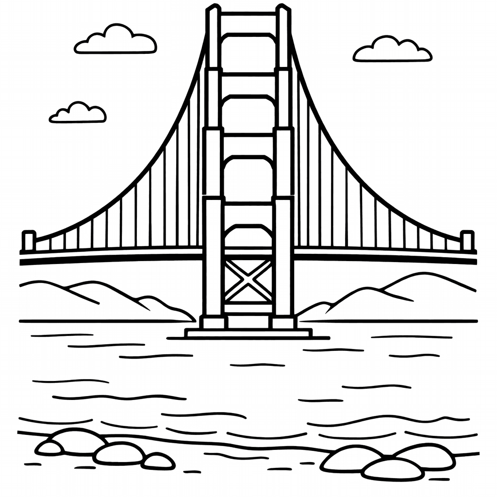 Free printable coloring page: Bridge And Towers, for ages 3-6