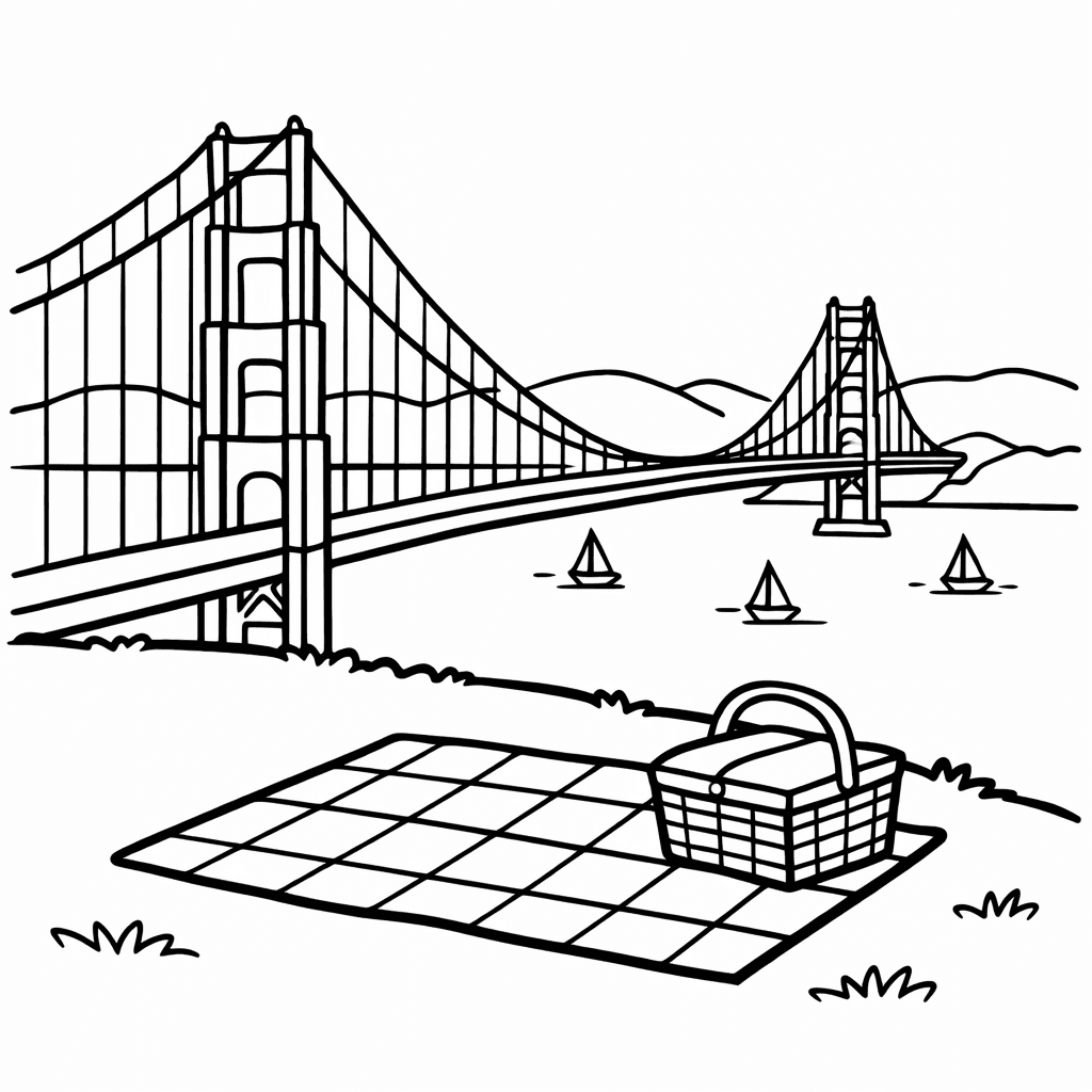 Free printable coloring page: Object Only: A Cute Golden Gate Bridge With…, for ages 3-6