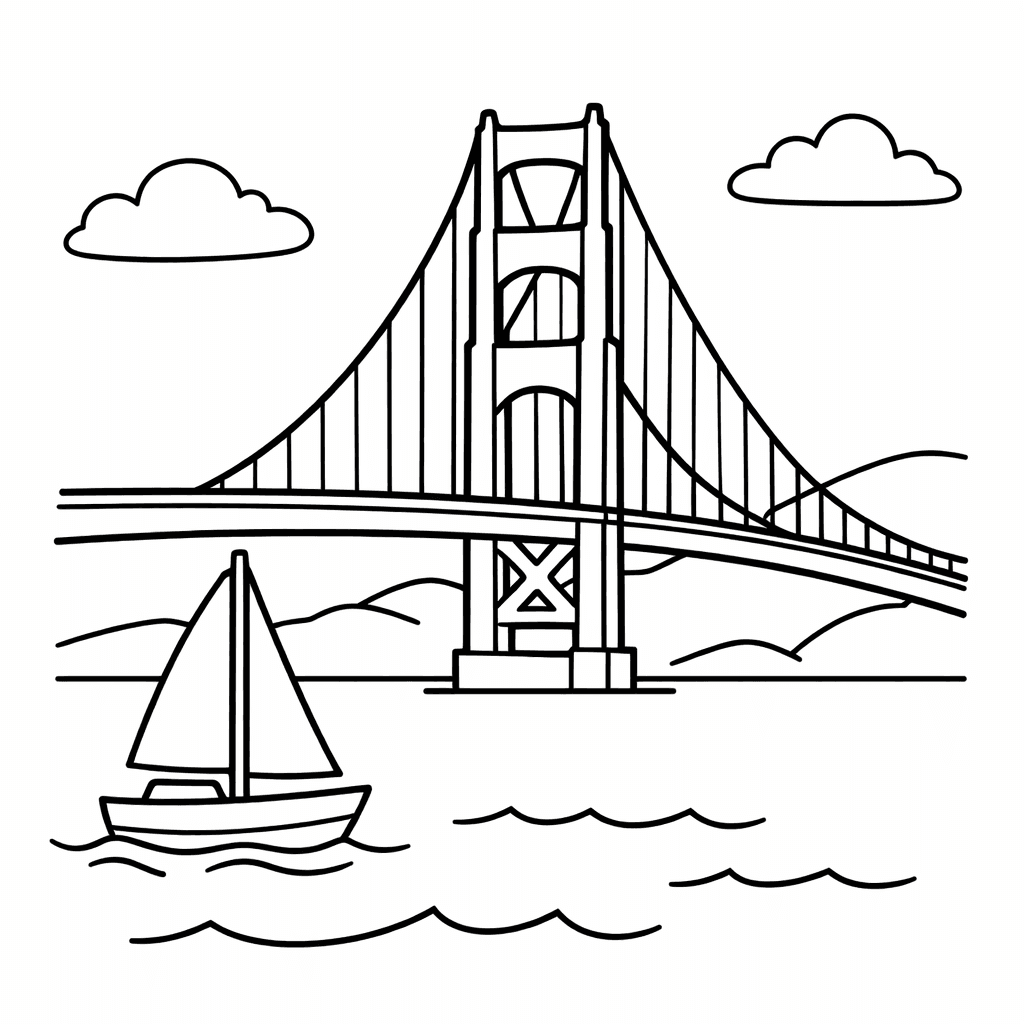 Free printable coloring page: Bridge And Towers, for ages 3-6