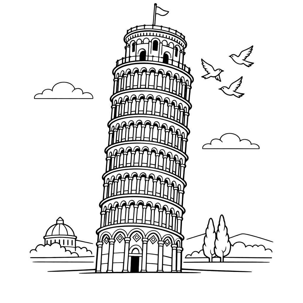 Free printable coloring page: Object Only: A Cute Leaning Tower With Clean…, for ages 7-12