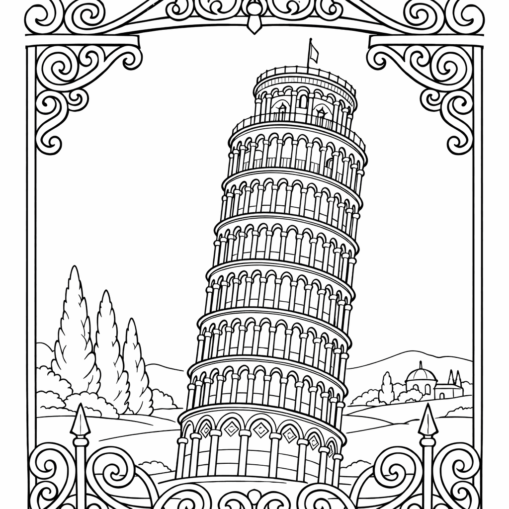 Free printable coloring page: Tower And Sky, for ages 7-12