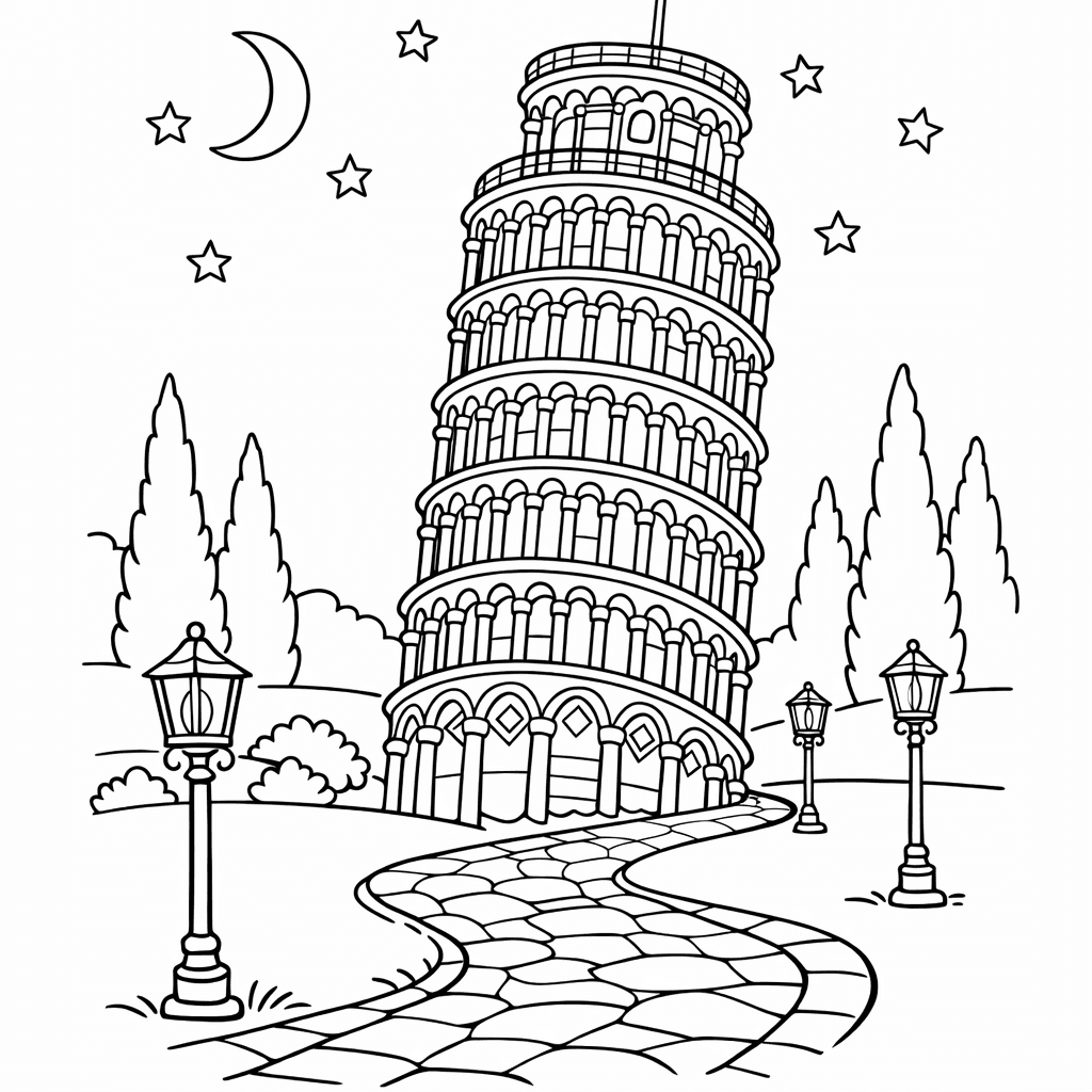 Free printable coloring page: Pisa Tower Simple, for ages 7-12