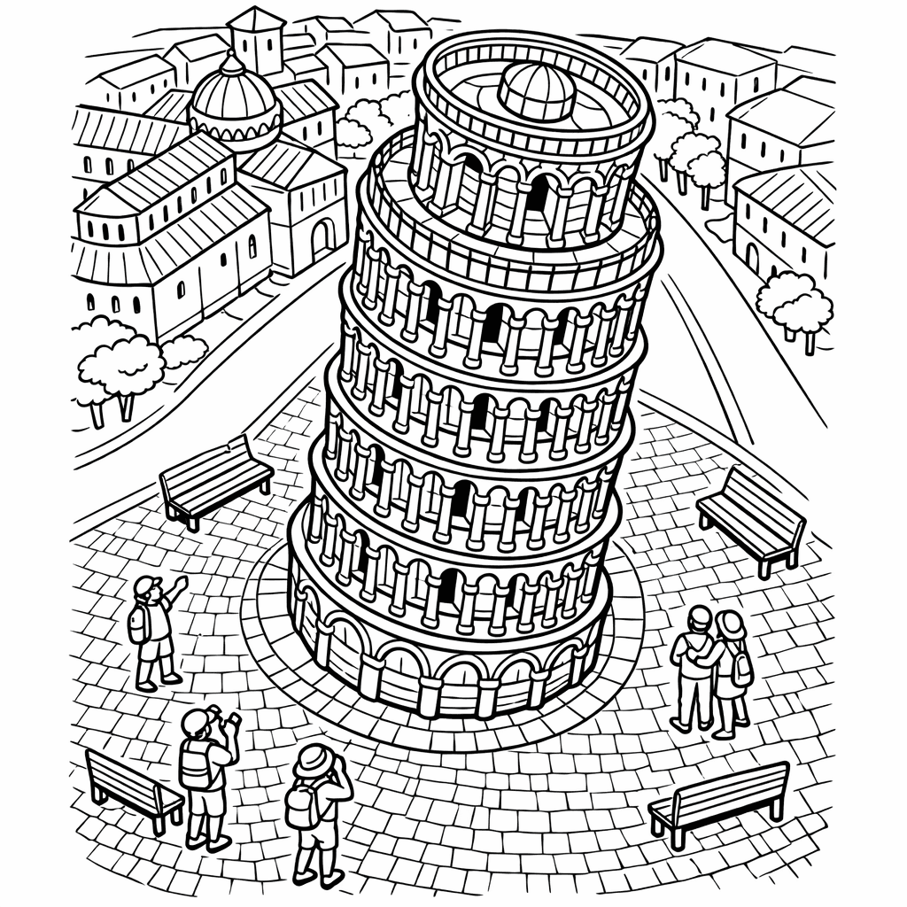 Free printable coloring page: Object Only: Two Or Three Leaning Towers Side…, for ages 7-12
