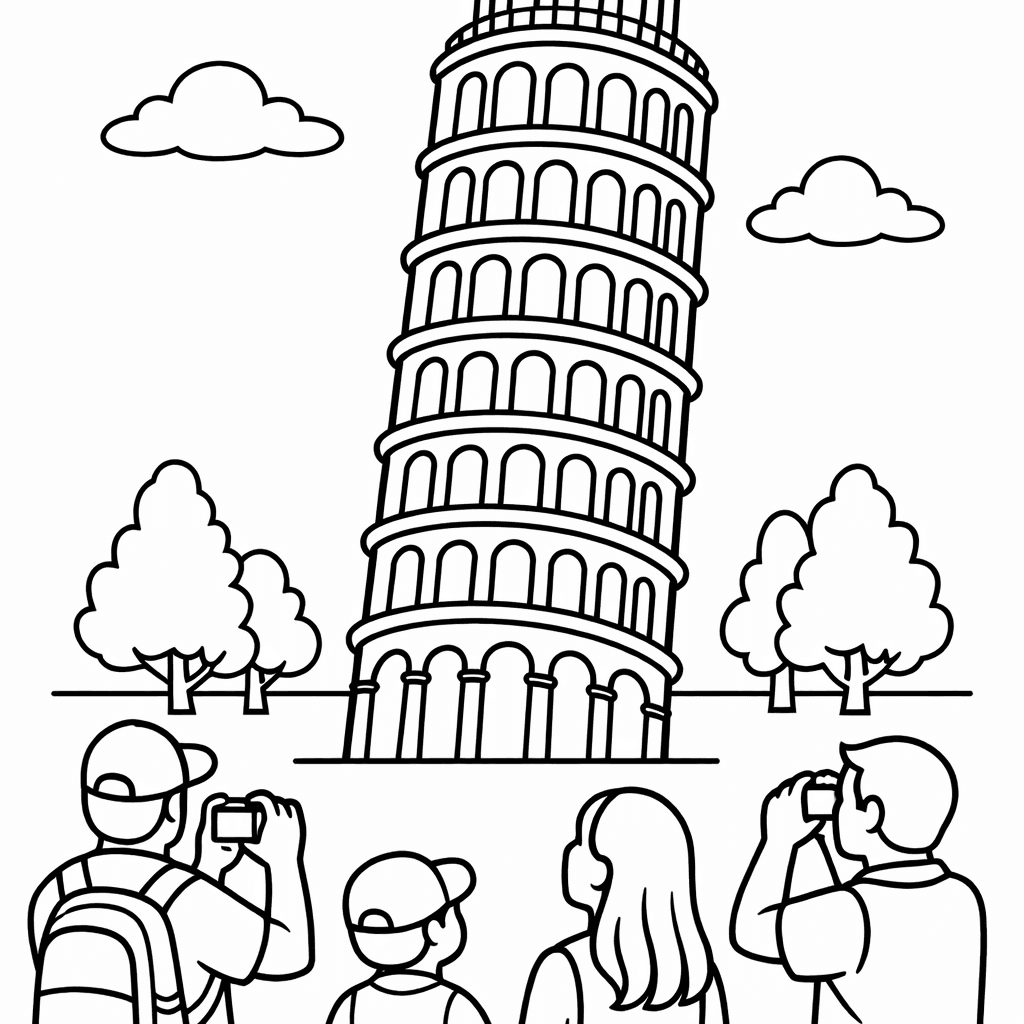Free printable coloring page: Pisa Tower Simple, for ages 3-6