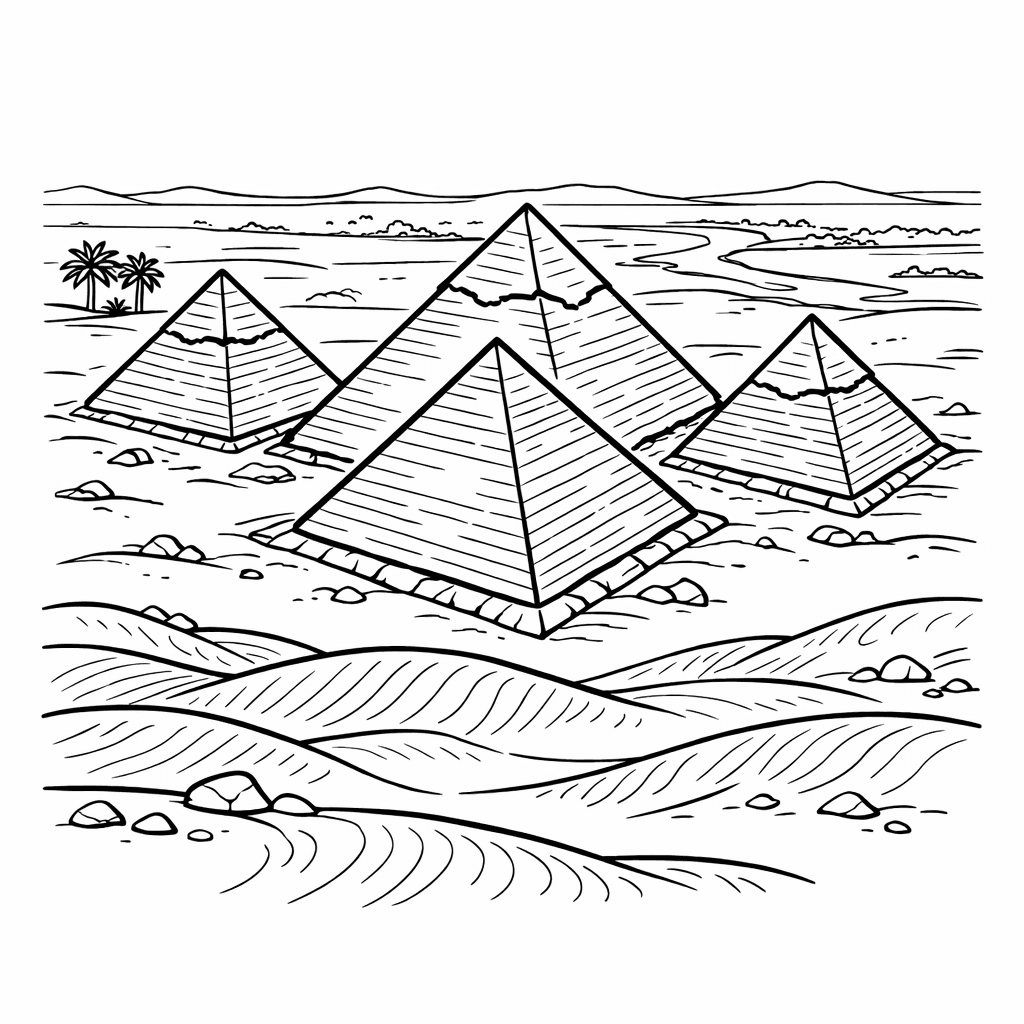 Free printable coloring page: Pyramids And Sphinx, for ages 7-12