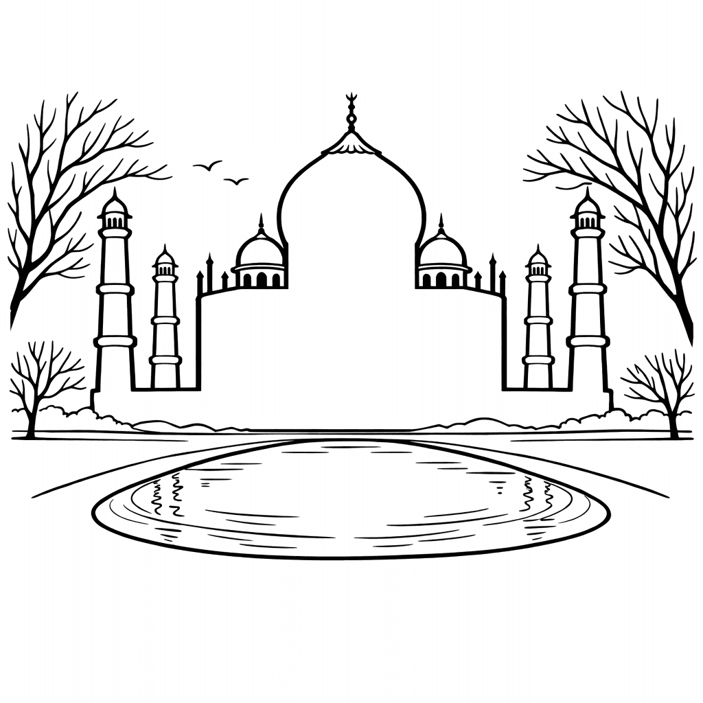 Free printable coloring page: Taj Mahal Front, for ages 7-12