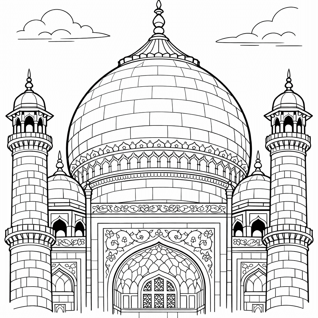 Free printable coloring page: Object Only: A Cute Taj Mahal With Clean…, for ages 7-12