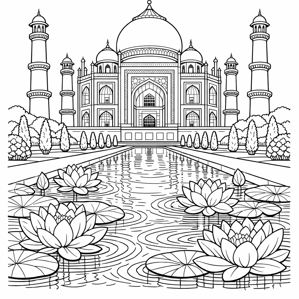 Free printable coloring page: Taj Mahal Outline, for ages 7-12