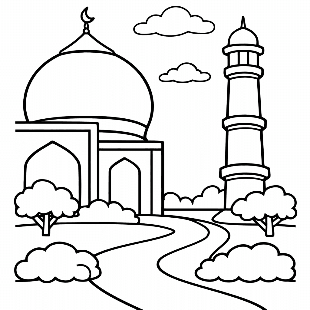Free printable coloring page: Taj Mahal And Dome, for ages 3-6