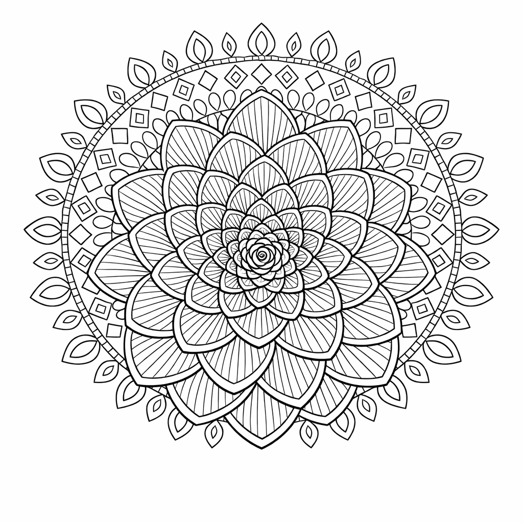 Free printable coloring page: Mandala And Leaves, for ages 7-12