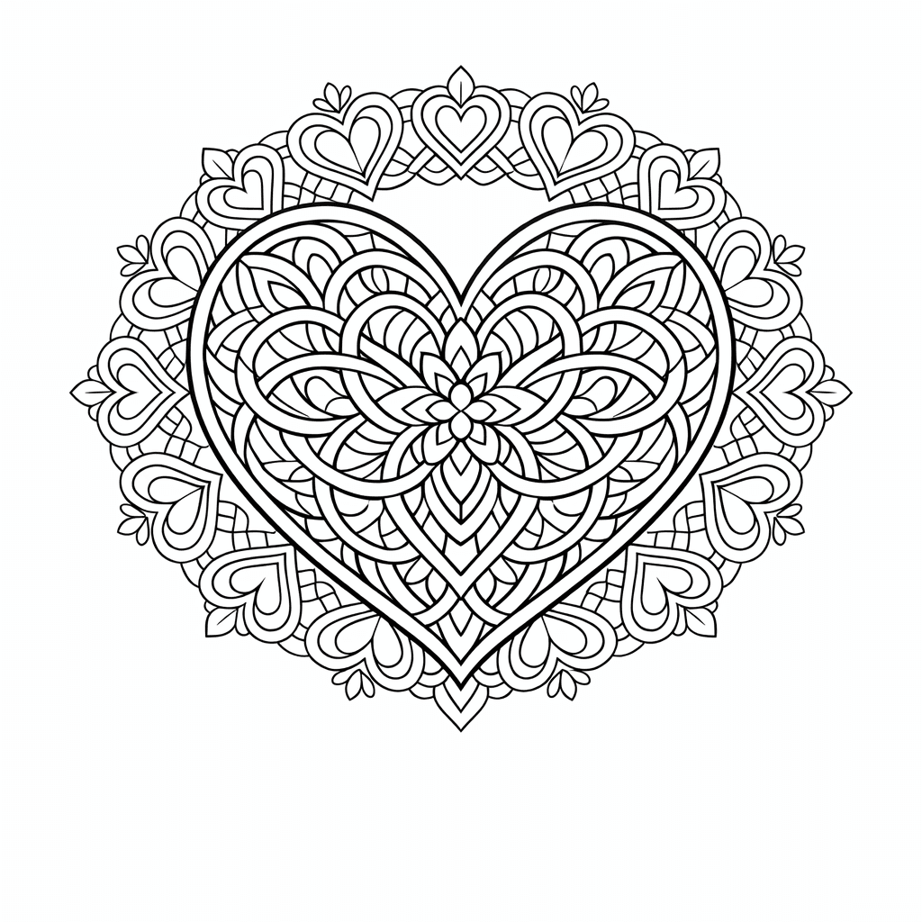 Free printable coloring page: Object Only: A Cute Heart Mandala With Clean…, for ages 7-12
