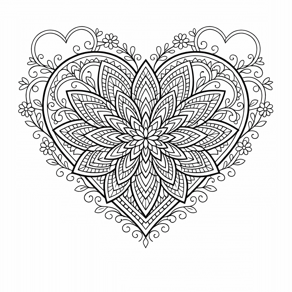Free printable coloring page: Heart Mandala, for ages 7-12