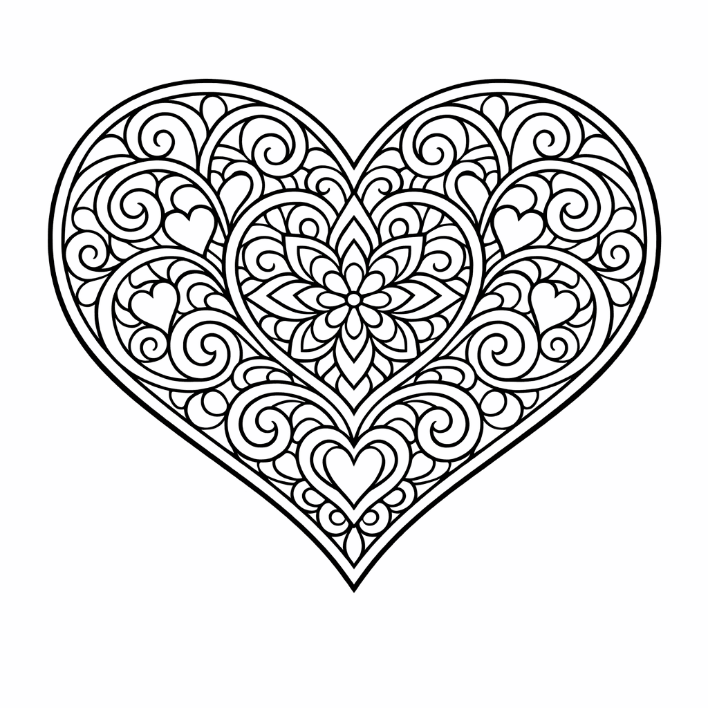 Free printable coloring page: Mandala With Hearts, for ages 7-12