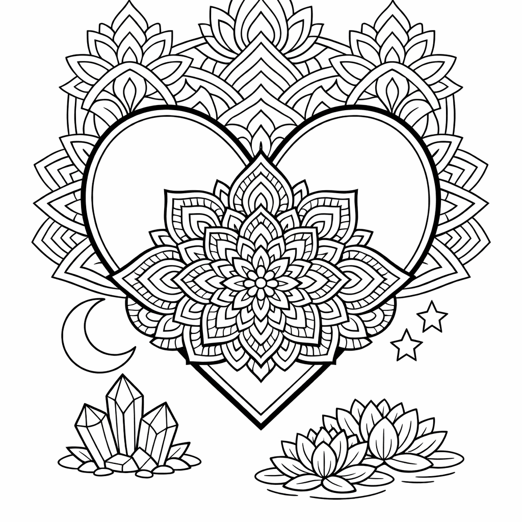 Free printable coloring page: Object Only: Two Or Three Heart Mandalas Side…, for ages 7-12