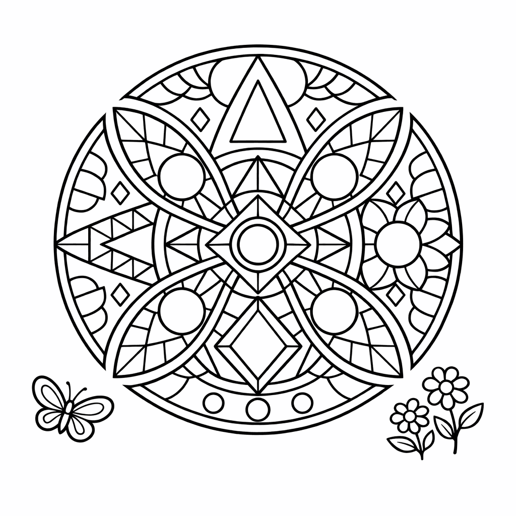 Free printable coloring page: Mandala 4 Sections, for ages 7-12