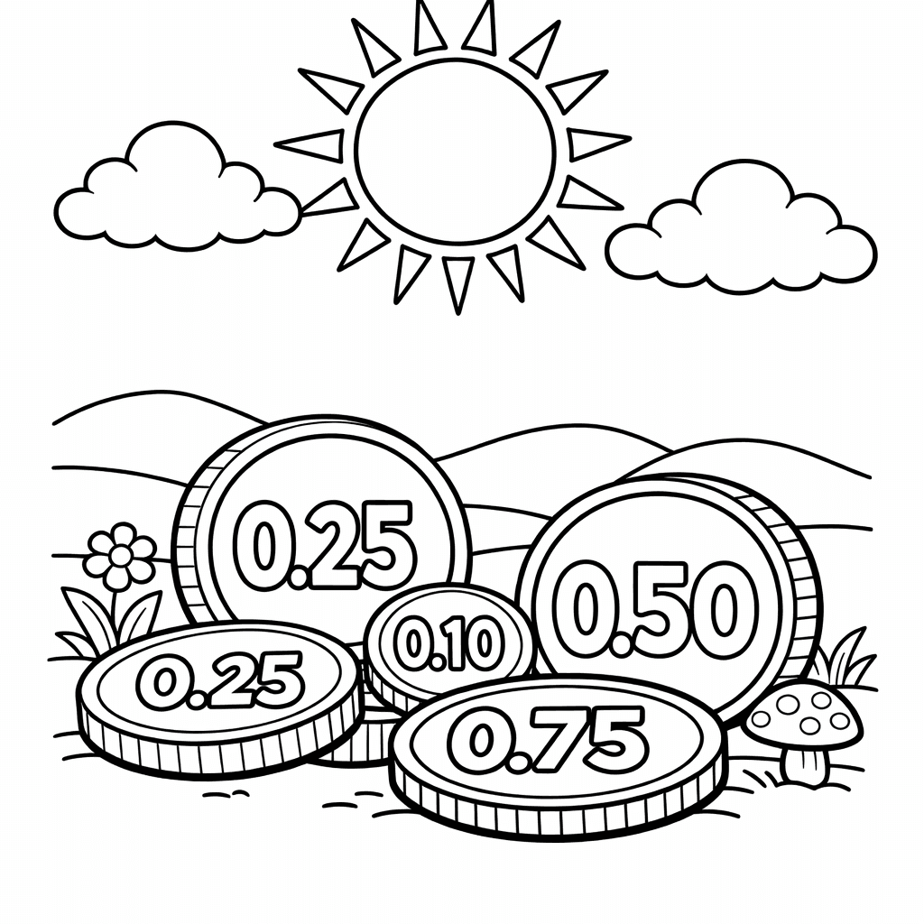 Free printable coloring page: Money Coins With Decimals, for ages 7-12