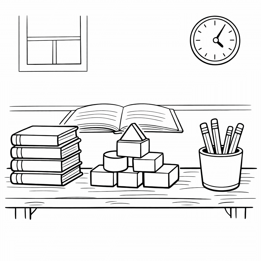 Free printable coloring page: Toys On A Shelf, for ages 7-12