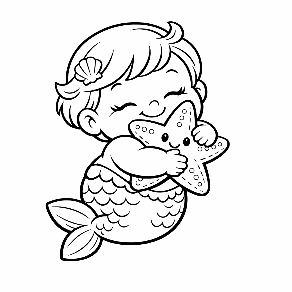 Free printable coloring page: A Chubby Baby Mermaid Blowing Bubbles Underwater, Big…, for ages 7-12