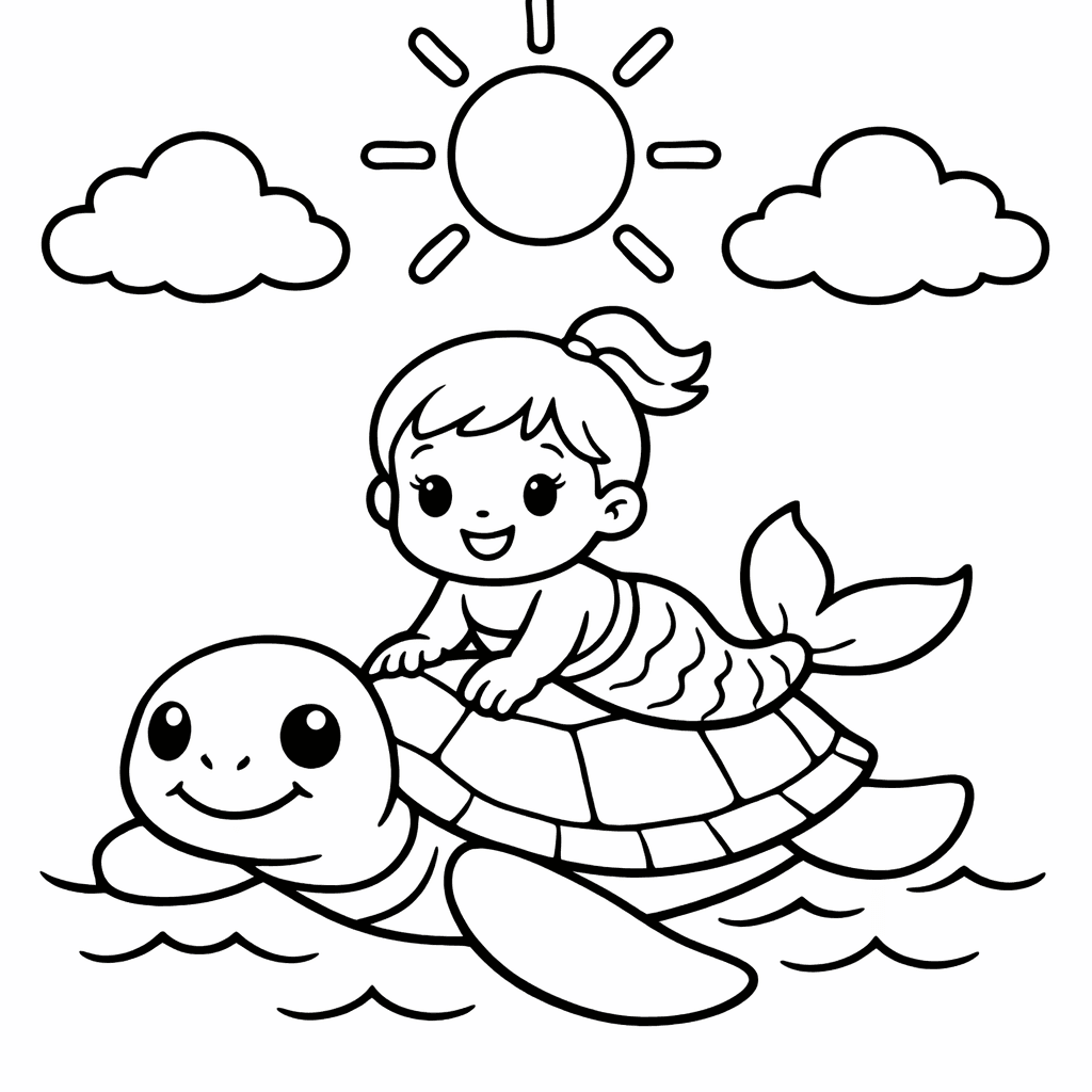 Free printable coloring page: A Toddler Mermaid Riding On The Back Of…, for ages 3-6