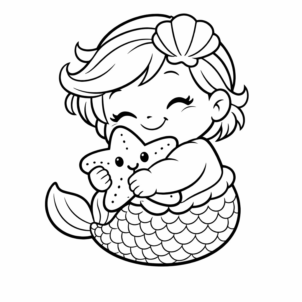 Free printable coloring page: A Baby Mermaid And A Baby Octopus Playing…, for ages 7-12