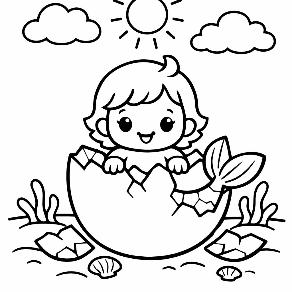 Free printable coloring page: A Baby Mermaid Hatching Out Of A Sparkling…, for ages 7-12