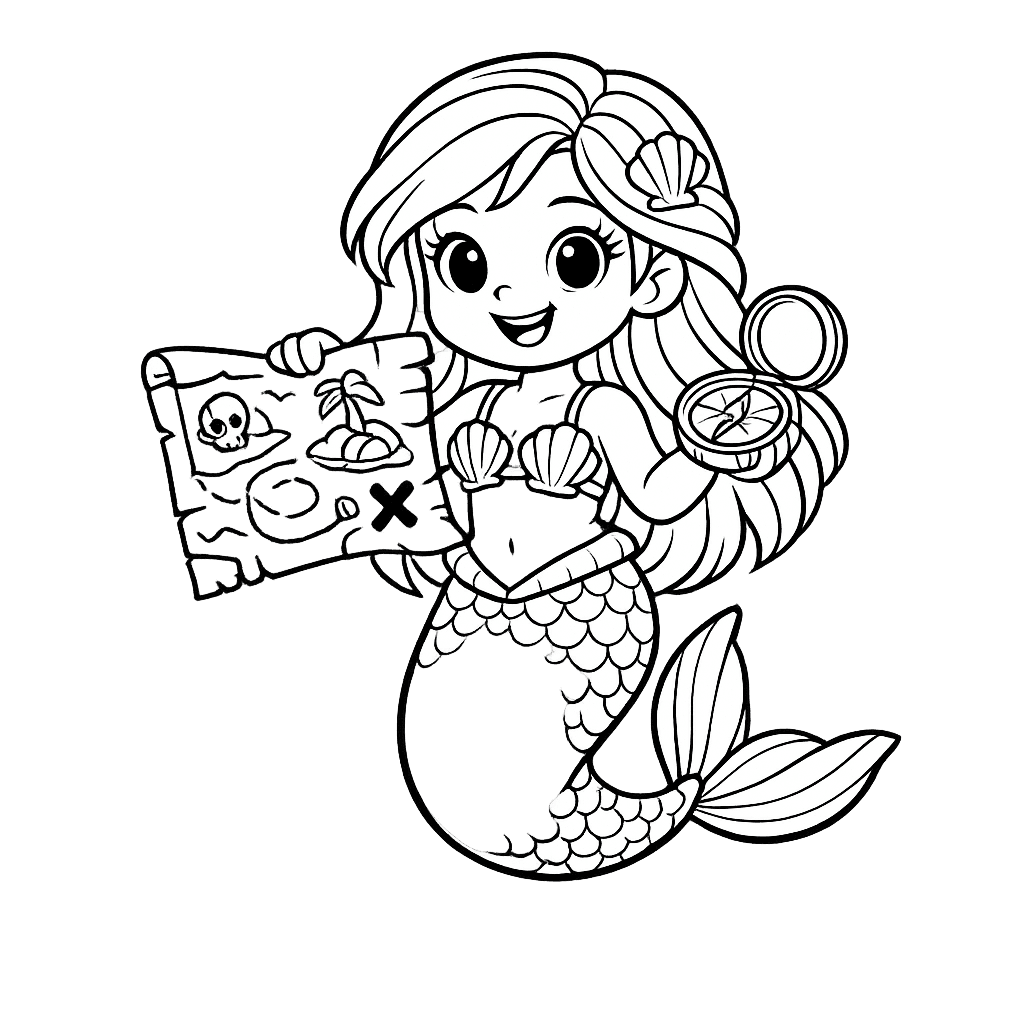 Free printable coloring page: A Mermaid Opening A Treasure Chest And Light…, for ages 7-12