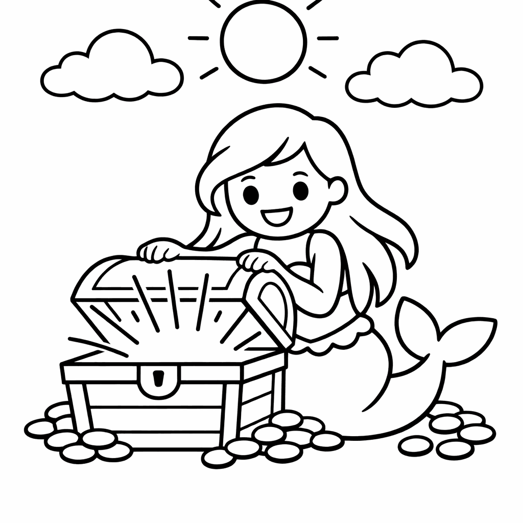 Free printable coloring page: Object Only: A Mermaid Holding A Treasure Map…, for ages 3-6