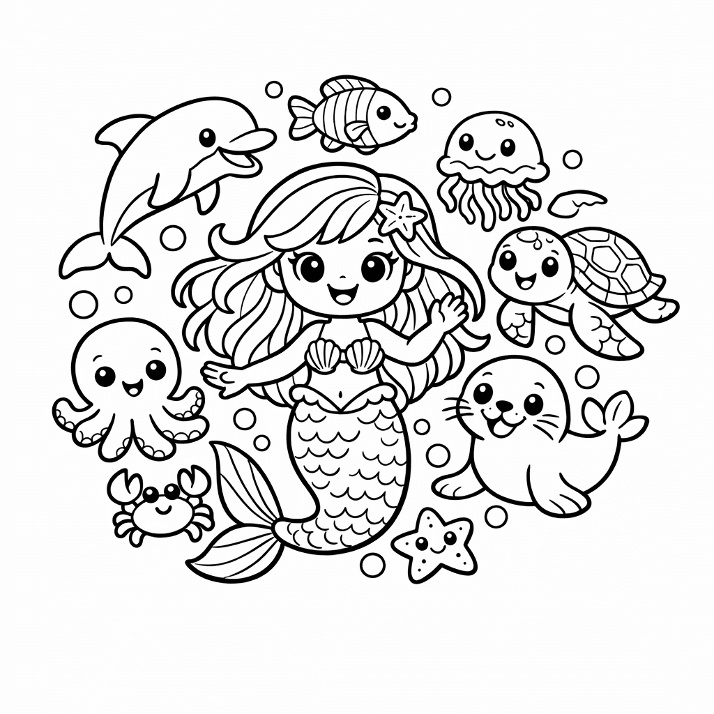 Free printable coloring page: Object Only: A Mermaid Surrounded By Sea Animal…, for ages 7-12