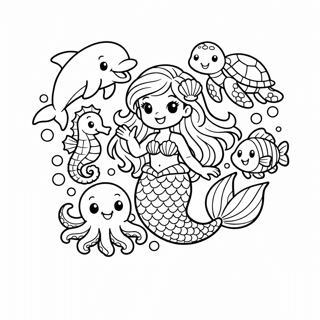 Free printable coloring page: A Mermaid Braiding The Mane Of A Sea…, for ages 7-12