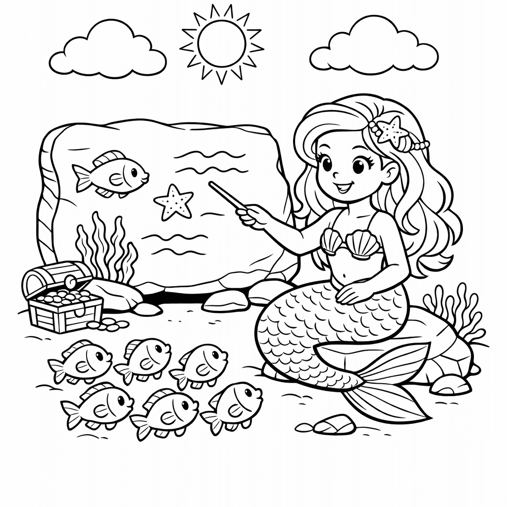 Free printable coloring page: A Mermaid Teaching A School Of Baby Fish,…, for ages 7-12