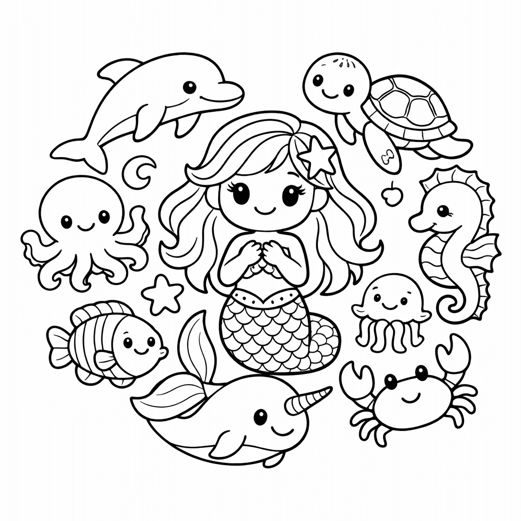 Mermaid and Friends Coloring Page — A Mermaid And A Whale Swimming Together, The…