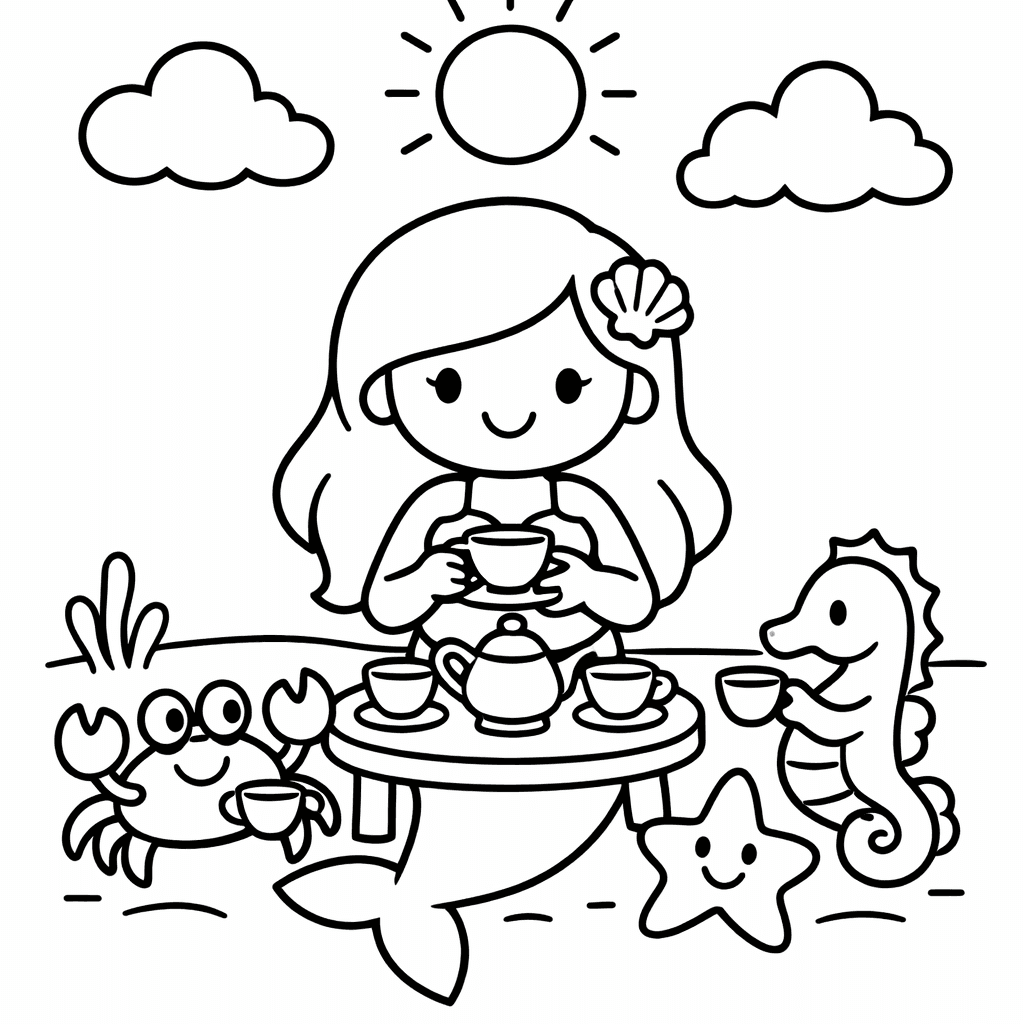 Mermaid and Friends Coloring Page — A Mermaid Braiding The Mane Of A Sea…