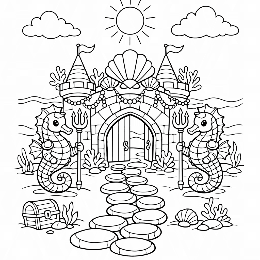 Free printable coloring page: A Grand Underwater Castle With Spiral Towers Made…, for ages 7-12