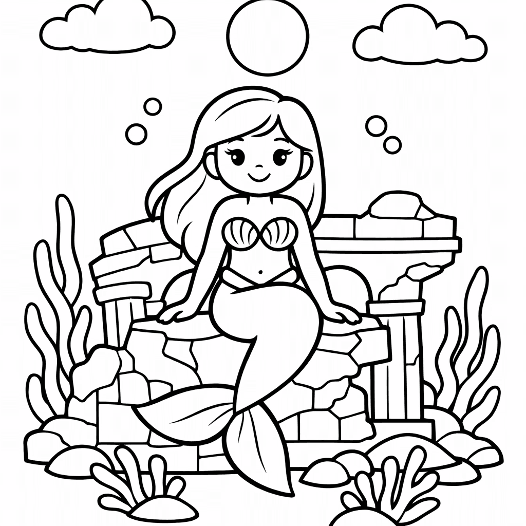 Free printable coloring page: A Mermaid Castle Gate With Two Seahorse Guards…, for ages 3-6