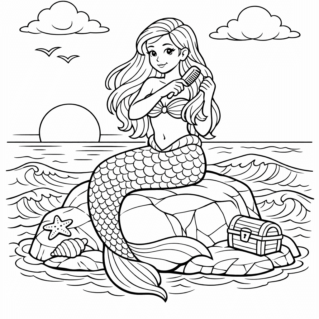 Free printable coloring page: Object Only: A Cute Mermaid With A Flower…, for ages 7-12