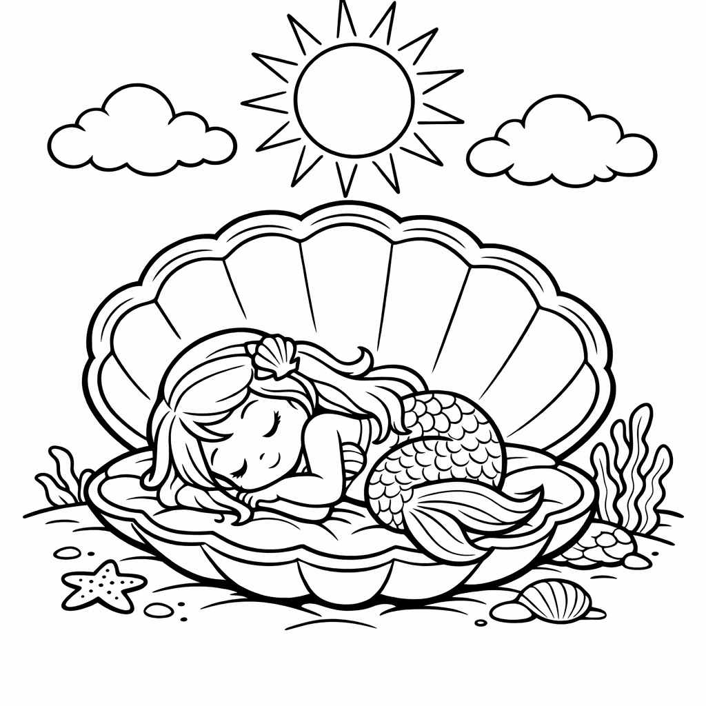 Free printable coloring page: A Tiny Mermaid Sleeping Curled Up Inside A…, for ages 7-12
