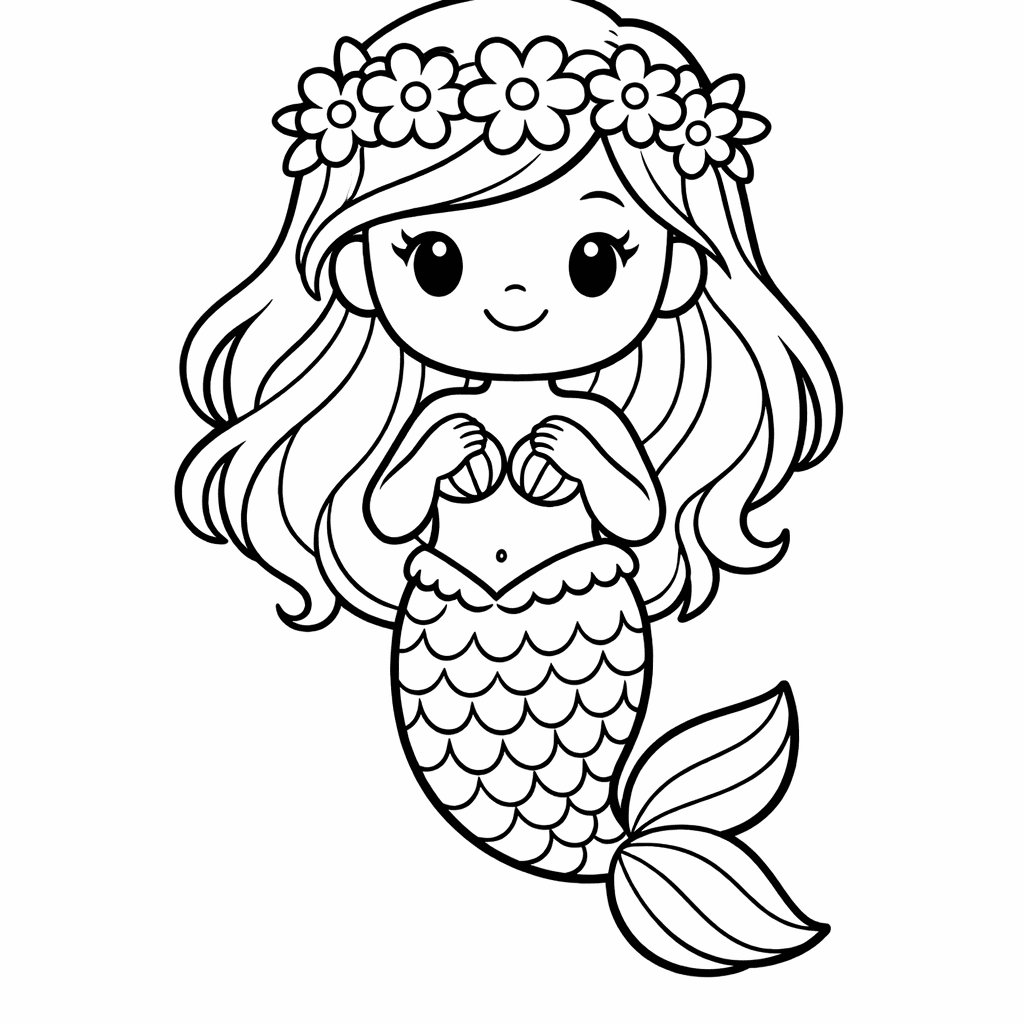 Free printable coloring page: Close-up Portrait Of A Mermaid Face With Seashell…, for ages 3-6