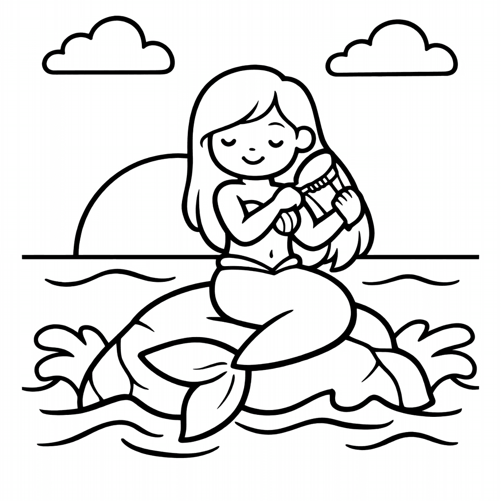 Free printable coloring page: A Mermaid Standing Waist-deep In Water Holding A…, for ages 3-6