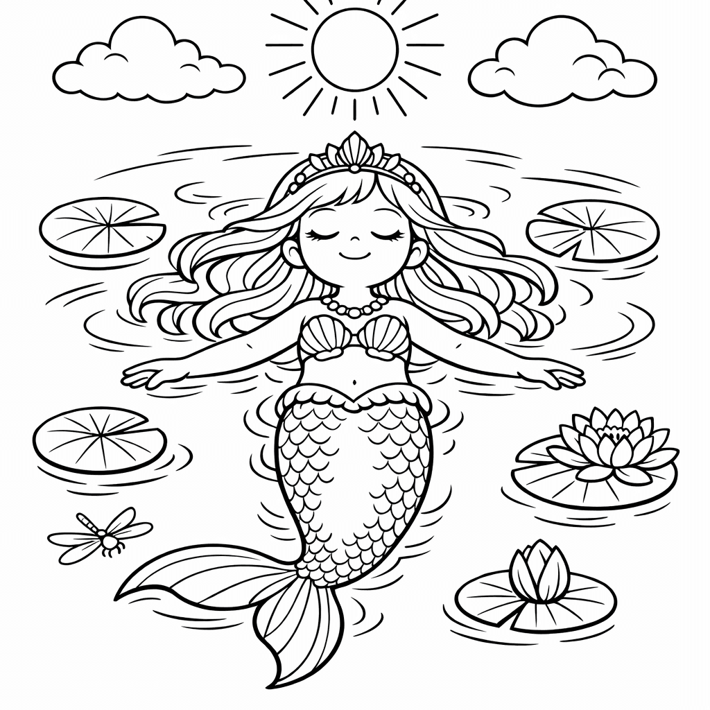 Free printable coloring page: A Mermaid Princess From Above, Floating Face-up In…, for ages 7-12