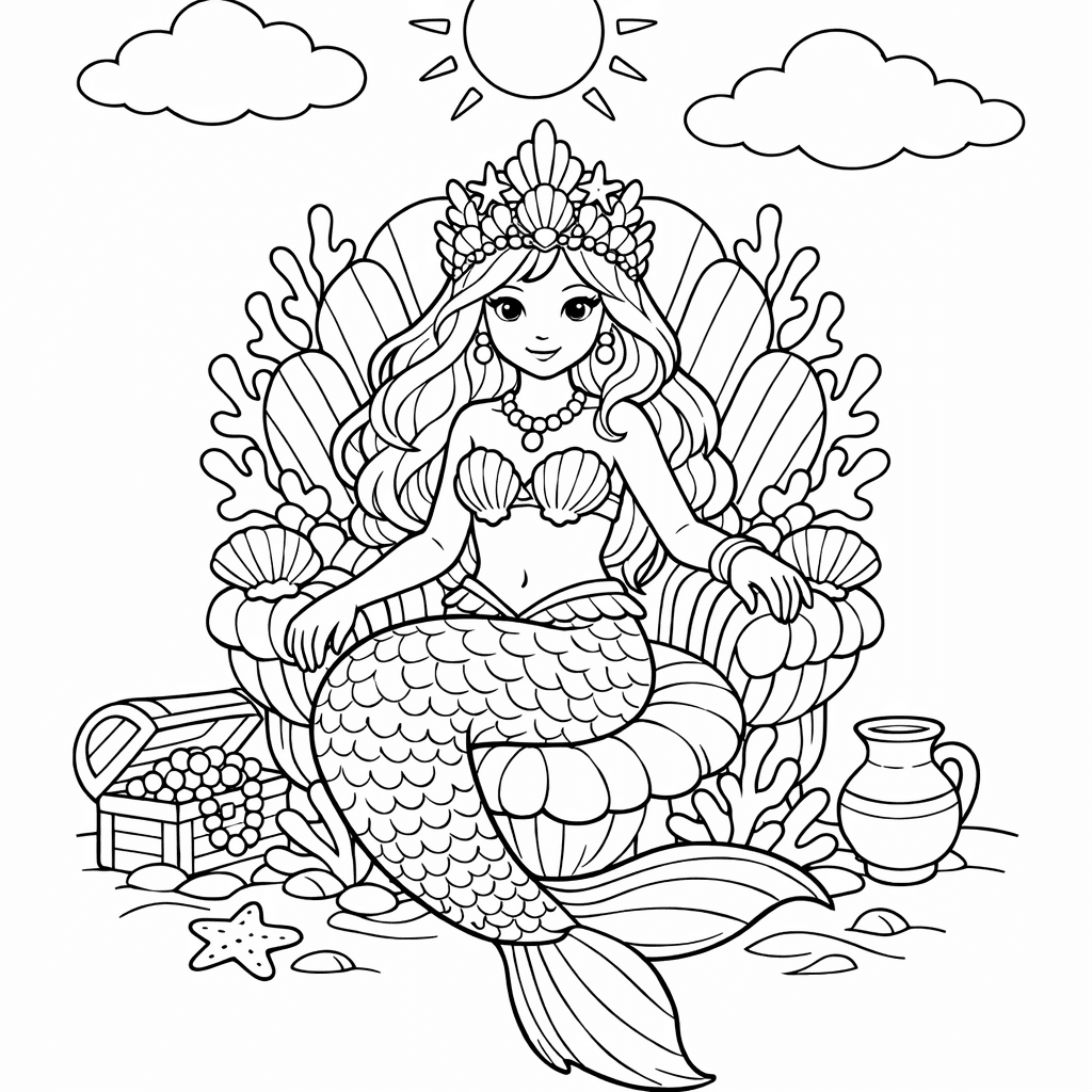 Free printable coloring page: A Mermaid Princess On A Coral Throne Wearing…, for ages 7-12