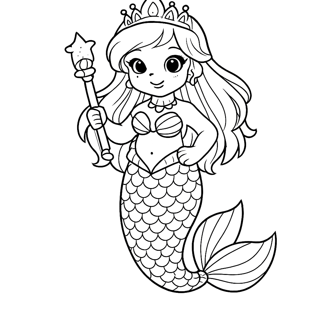 Free printable coloring page: A Regal Mermaid Princess Holding A Glowing Trident,…, for ages 3-6